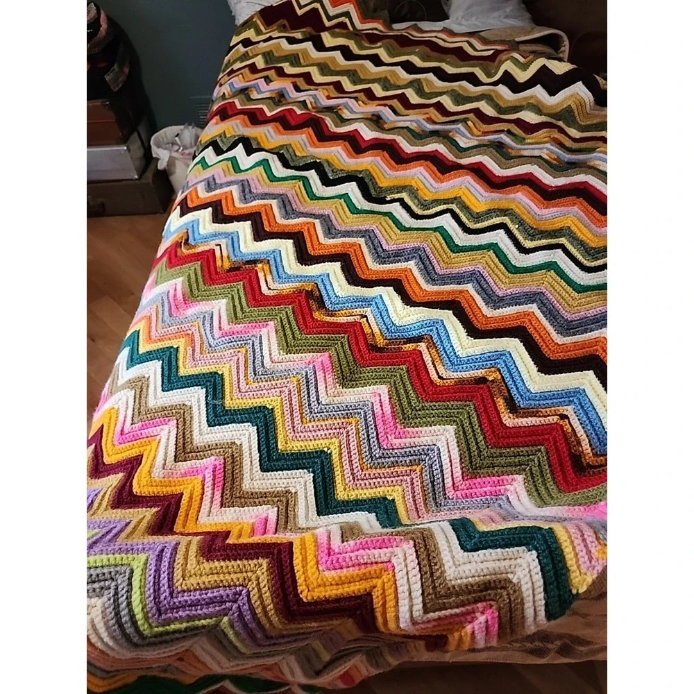 Vtg 70s Handmade Chevron Heavy Multi Color Crocheted Afghan 56